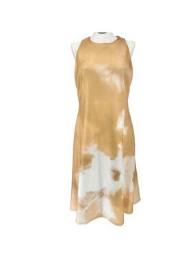 Donna Karan New York Dress Size 16 Watercolor Sleeveless A-Line Gold White Lined